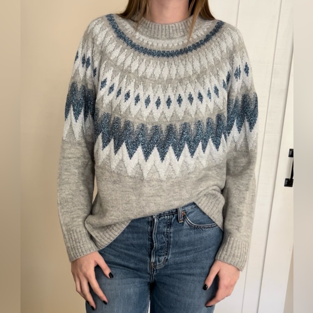 Mango Metallic Thread Faireisle Grey Blue and White Sweater Relaxed Fit